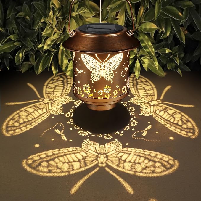 Outdoor Hanging Solar Lantern Waterproof Outside Metal Butterfly Pattern - Image 2