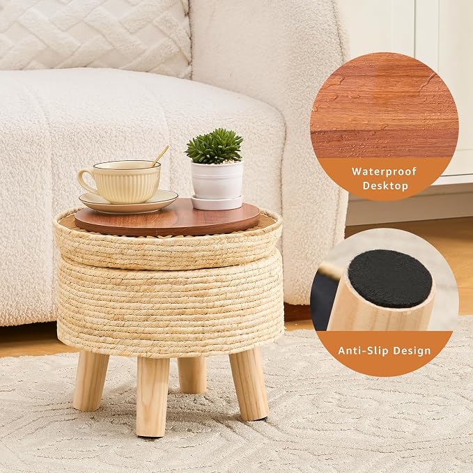 Cpintltr Storage Ottoman Poufs Handwoven Footstool Natural Seagrass Round - Image 5