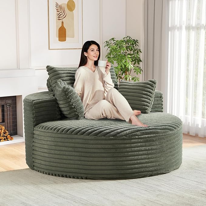 Oversized Round Chaise Longue Chair Indoor, Modern 55-inch Upholstered Corduroy by Antetek