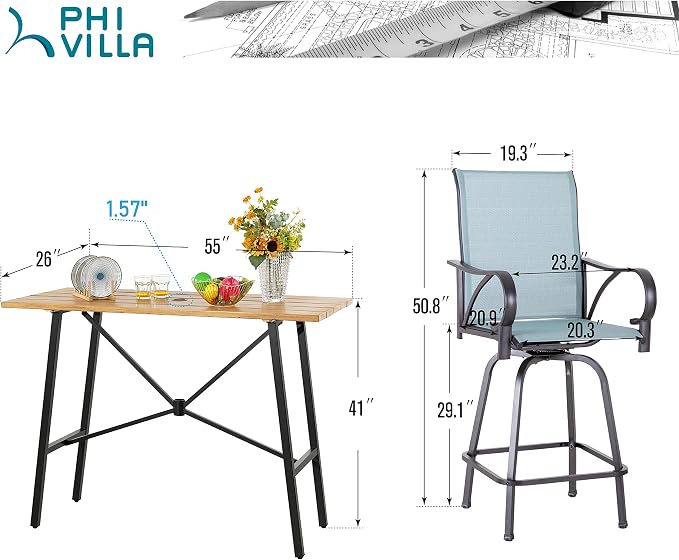 PHI VILLA 5 Piece Patio Bar Height Dining Set, Outdoor High Top Patio Table and - Image 9