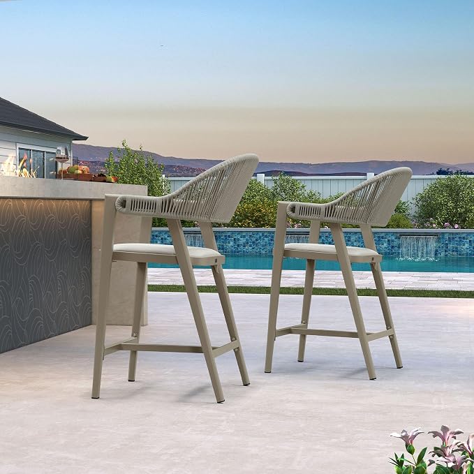 PURPLE LEAF Outdoor Counter Height Bar Stool Set of 2 Rattan Bar Chair - Image 9