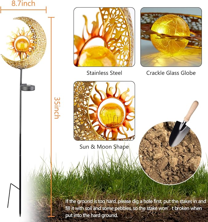 LICKLIP Garden Solar Lights Outdoor Decorative, Sun & Moon Crackle Glass Globe - Image 5