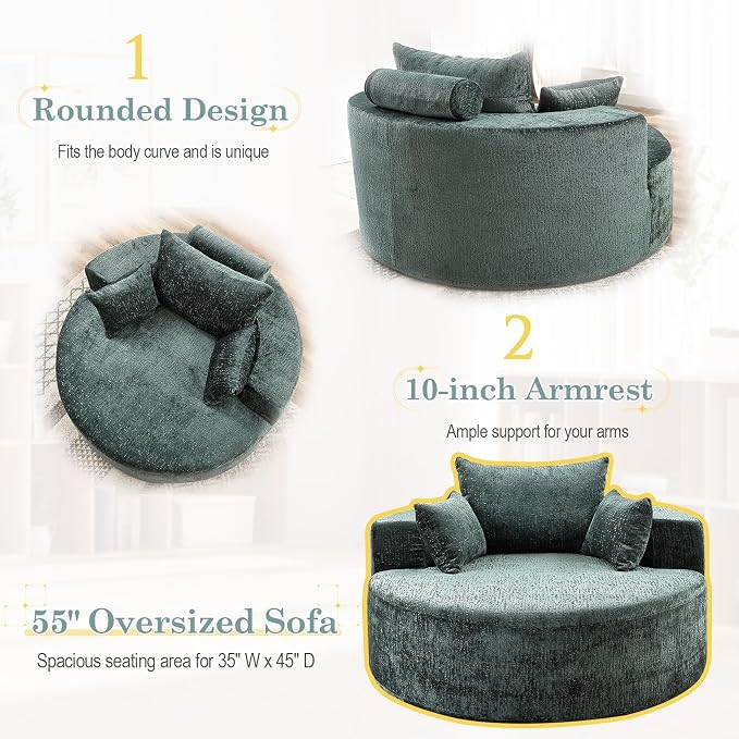 Oversized Round Chaise Longue Chair Indoor, Modern 55-inch Upholstered Chenille - Image 5