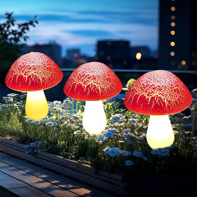 Solar Mushroom Lights Garden Decor 8 Red Crack Mushrooms Outdoor Decor Stake - Image 3