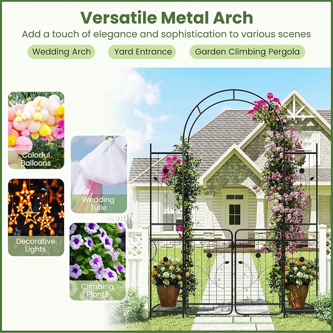 IRONMAX 87" Garden Arch with Gate & Planter Shelves, Heavy Duty Metal Arbor - Image 6