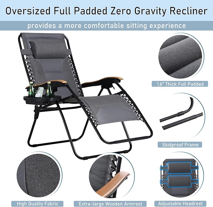 PHI VILLA XXL Oversized Padded Zero Gravity Chair Set of 2, Foldable Patio - Image 6