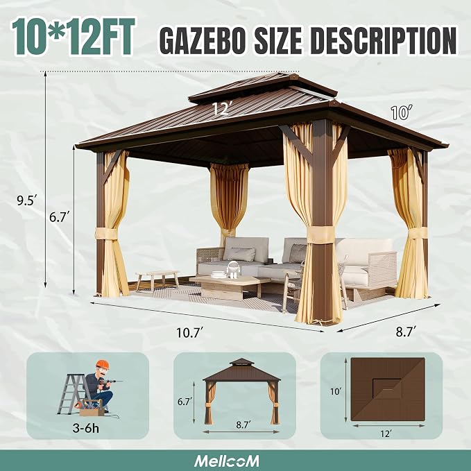 MELLCOM 10' x 12' Gazebo, Hardtop Double Roof Gazebo - Image 5