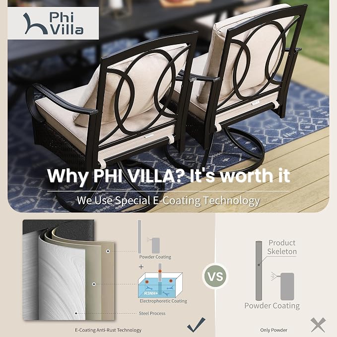 PHI VILLA Patio Swivel Chairs Set of 2, Heavy Duty Outdoor Metal Wicker Dining - Image 4
