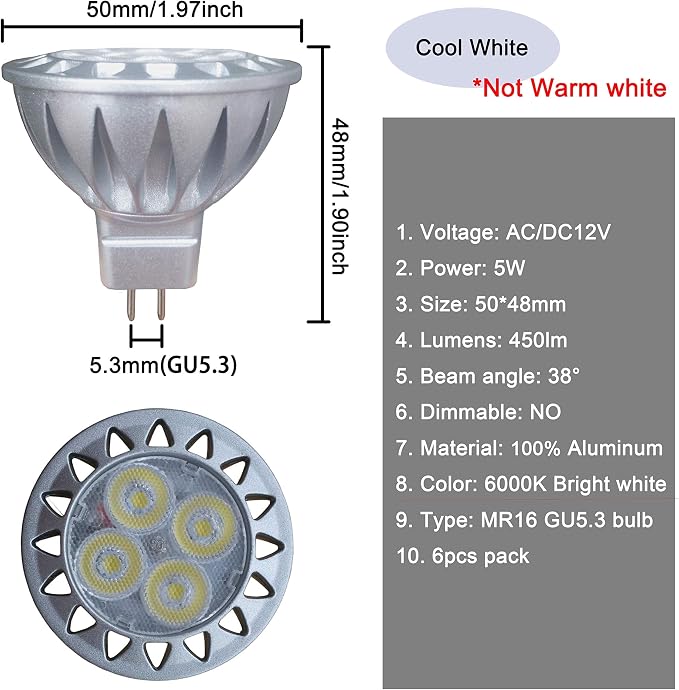 ALIDE MR16 Led Bulbs 6000K Daylight Bright Cool White 5W, Replace 20W 35W - Image 3