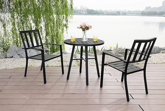 PHI VILLA 3 Piece Outdoor Patio Bistro Dining Set, Slatted Metal Round Table & - Image 8