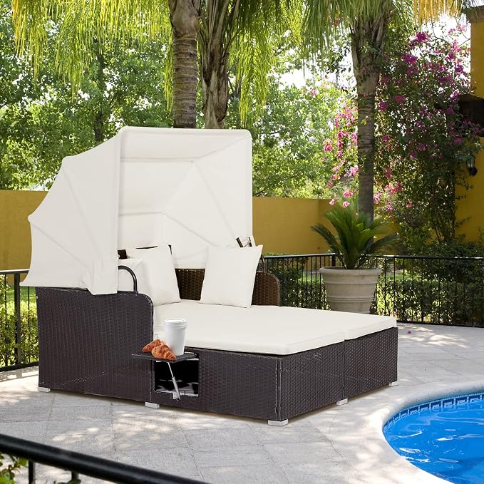 Moccha Outdoor Daybed with Retractable Canopy, Wicker Cabana with 2 Side Tables - Image 2