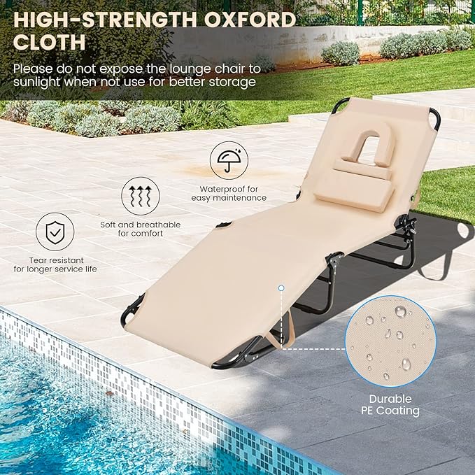 GYMAX Tanning Chair, 350lbs Beach Lounge Chair - Image 4