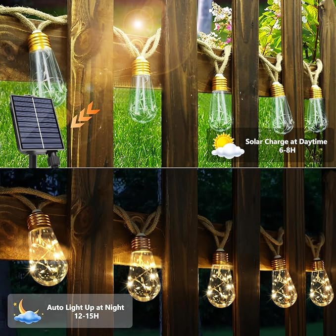 Solar String Lights Outdoor, 26 Ft Vintage Rope Hemp Solar Patio Lights - Image 7