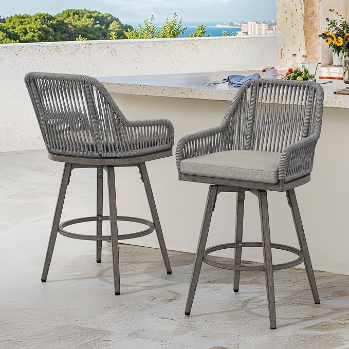 Outdoor Bar Stools Set of 2, 360° Swivel Aluminum Rattan Bar Stool by COZYMAN