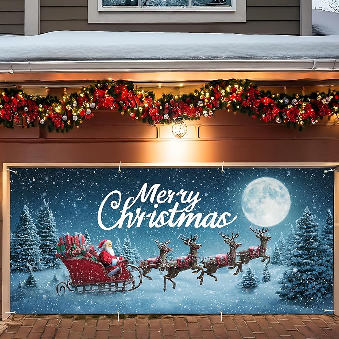 Merry Christmas Red Sleigh Garage Door Banner 6x13FT, Santa by ANNAQUEEN