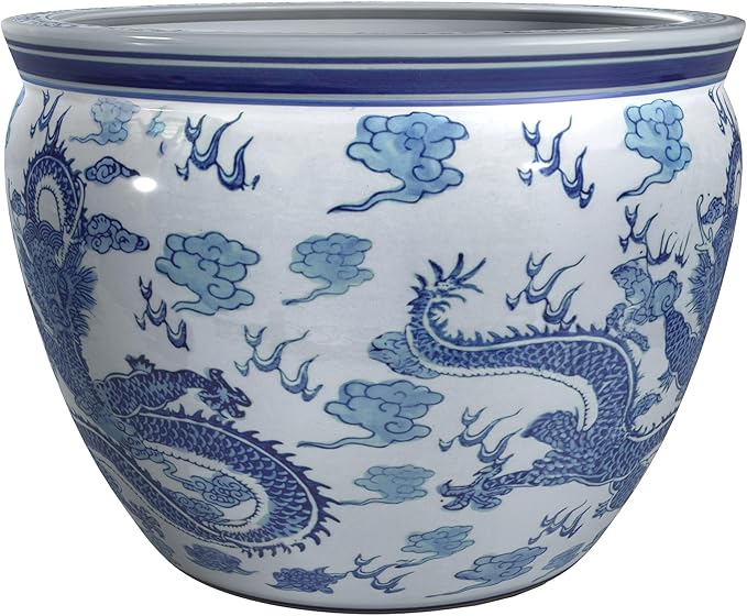 Red Lantern 14" Dragon Blue & White Porcelain Fishbowl Planter or Cachepot - Image 6