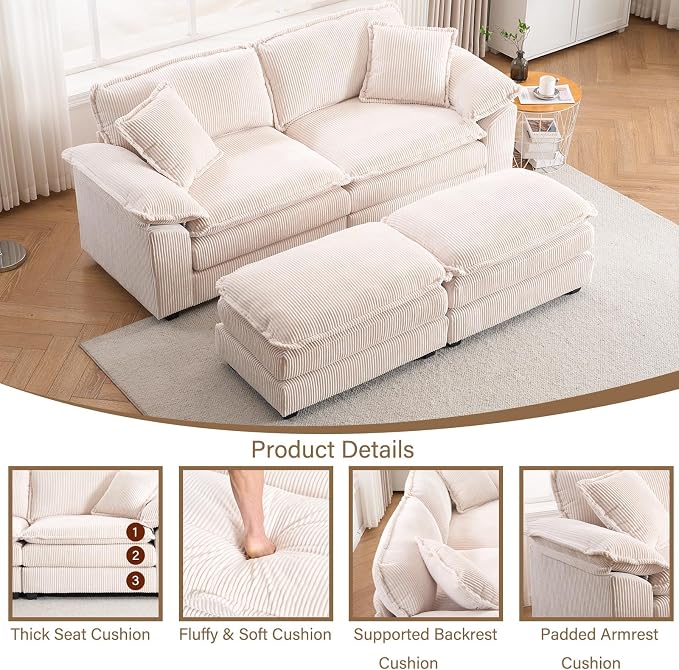 84.6” Corduroy Loveseat with Ottoman, Oversized Double Chaise Lounge Chair - Image 6