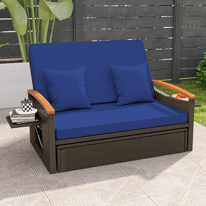 LDAILY Moccha Outdoor Wicker Daybed, Patio Rattan Loveseat Sofa w/ 4-Level - Image 2