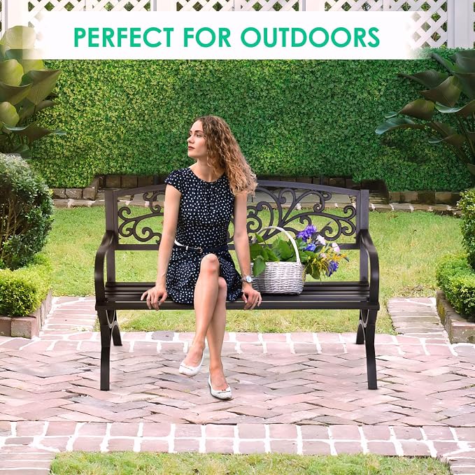 FDW Outdoor 50 Inches Garden Bench, Slatted Seat Armrests Floral Design Backres - Image 7