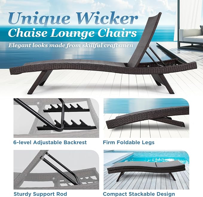 Idzo Katalina Chaise Lounge Set of 2-500lbs Support, UV Wicker, Ergonomic Wave - Image 2
