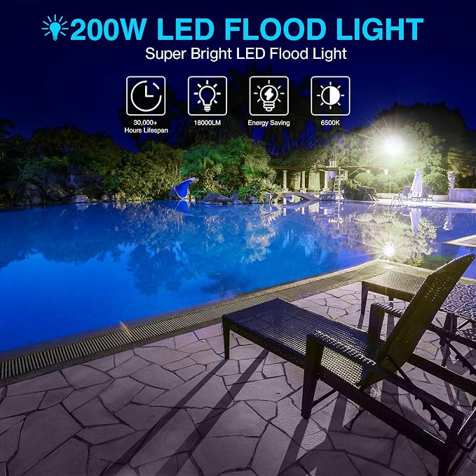 Olafus 2 Pack 200W LED Flood Light Outdoor, 18000LM Super Bright IP66 - Image 3