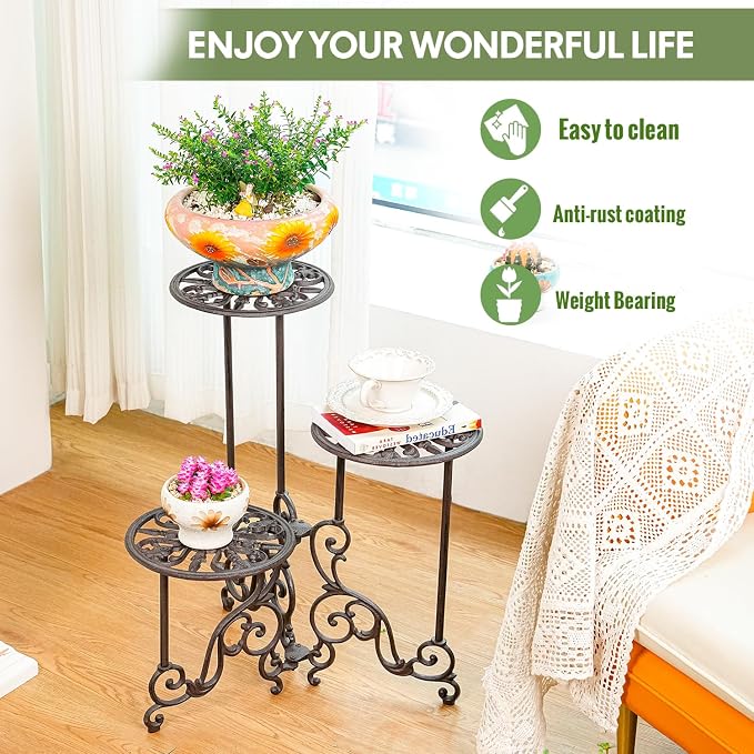 Sungmor Heavy Duty Cast Iron Plant stand, 3 Tier Foldable Metal Plant Shelf - Image 6