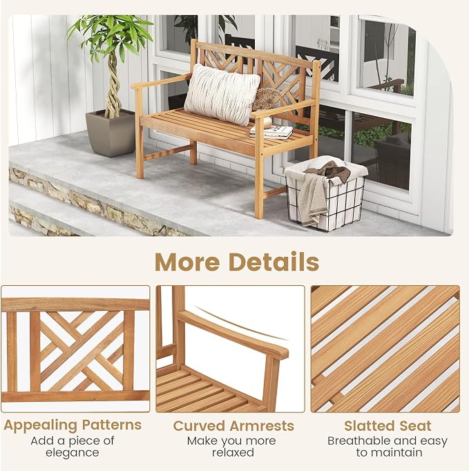 COSTWAY Outdoor Wooden Bench, Outdoor Acacia Wood Loveseat - Image 6