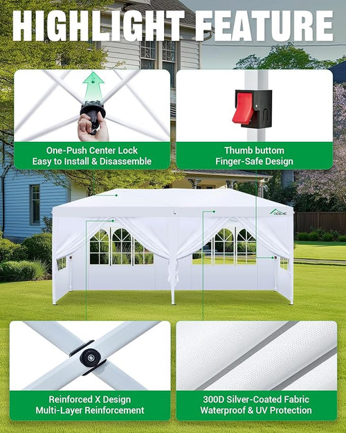 10x20 Pop Up Canopy Tent with 6 Removable Sidewalls, One-Push Center Lock Design - Image 2
