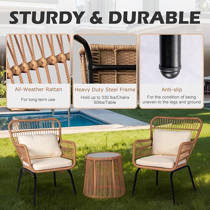 3 Piece Outdoor Wicker Furniture Bistro Set, Rattan Chairs Conversation Sets - Image 7