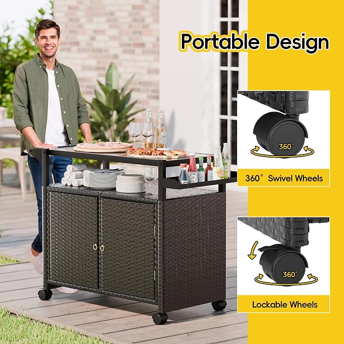 MU Outdoor Bar Cart with Storage and Wheels, Outdoor Bar Table with Tempered - Image 4