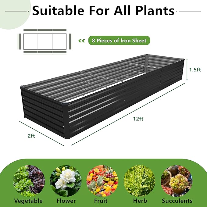 12x2x1.5FT Galvanized Raised Garden Bed, Vegetable Boxes-Rectangle Metal Flower - Image 2