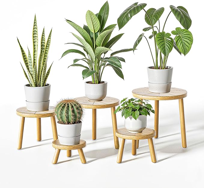 Delma Wood Plant Stands Indoor, Mid-Century Modern Plant Stool, Tall Plant Stand by Delma