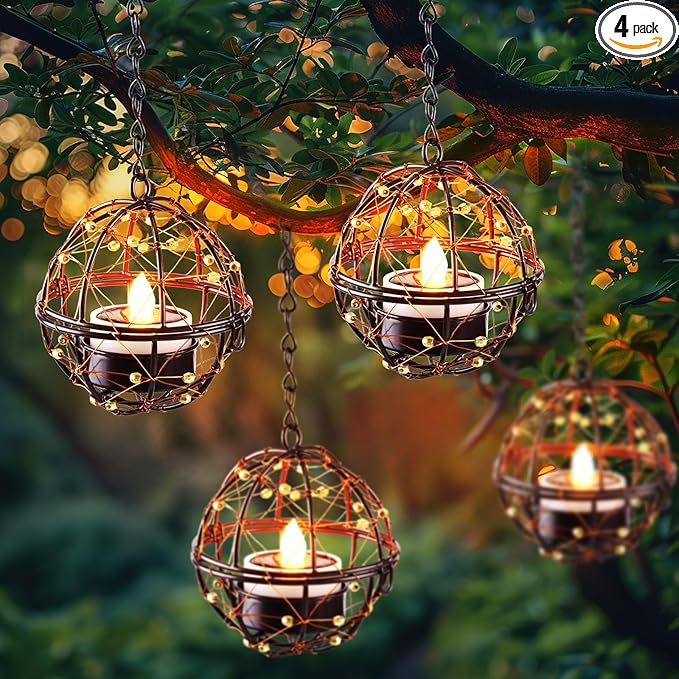Homemory Solar Tea Lights Outdoor Waterproof Hanging Lanterns, Beaded Copper by Homemory