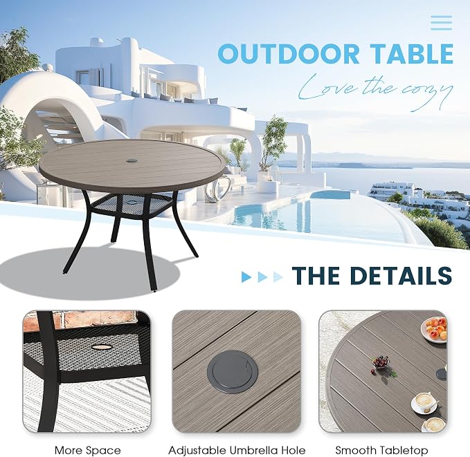 Patio Dining Table for 4-6, Round Metal Outdoor Table - Image 4