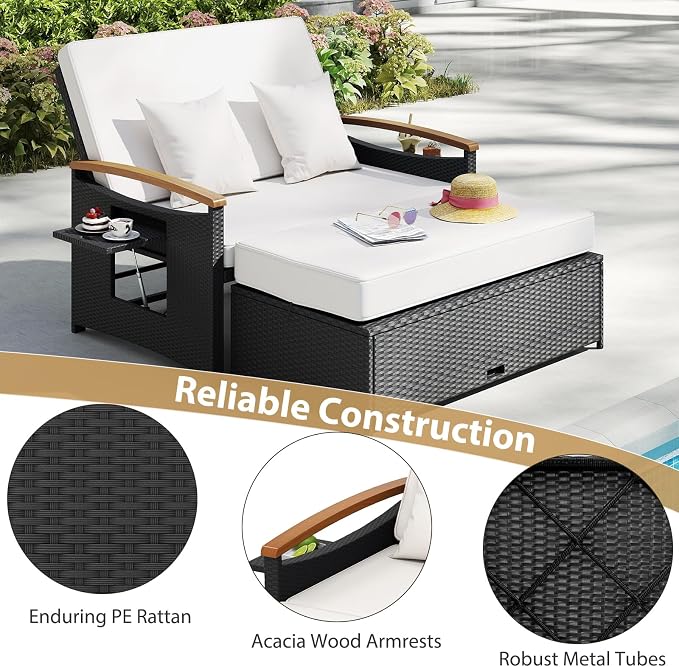 Moccha Outdoor Wicker Daybed, Patio Rattan Loveseat Sofa w/ 4-Level Adjustable - Image 5