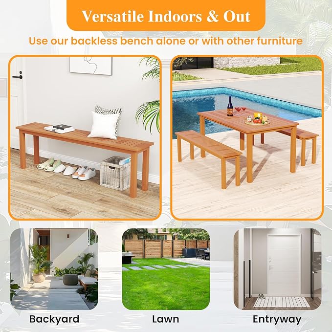 Tangkula Outdoor Wood Bench, 59” Long Patio Dining Bench Set of 2, Backless - Image 8