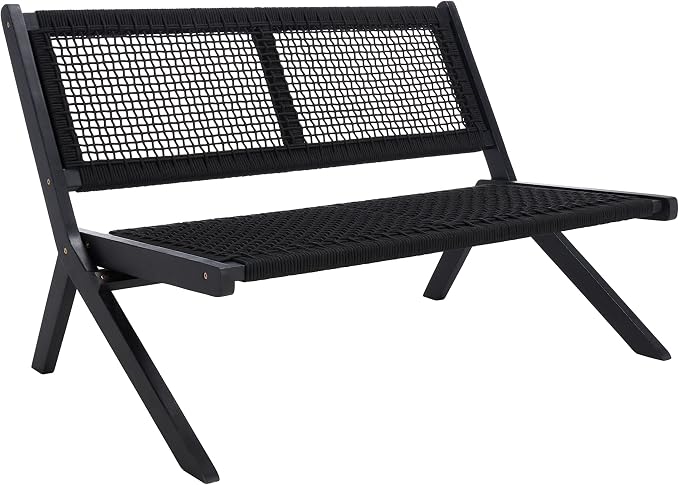 SAFAVIEH Outdoor Collection Kobina Black Acacia Wood/Black Rope Foldable Bench - Image 4