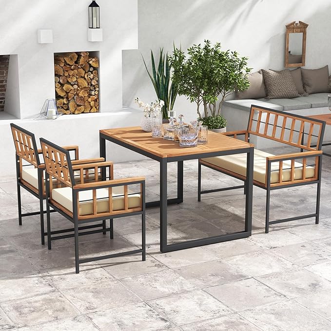Tangkula 4 Piece Patio Dining Set, Outdoor Wood Dining Furniture W/ 2 Chairs & - Image 3