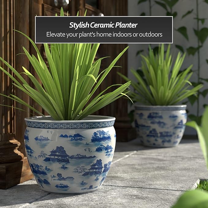 Red Lantern 16" Landscape Blue & White Porcelain Fishbowl Planter or Cachepot - Image 2