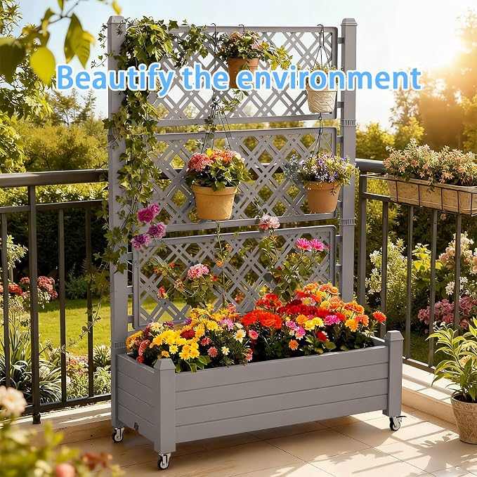 Mobile Garden Planter with Trellis & Lockable Wheels, Outdoor Raised Bed with - Image 8