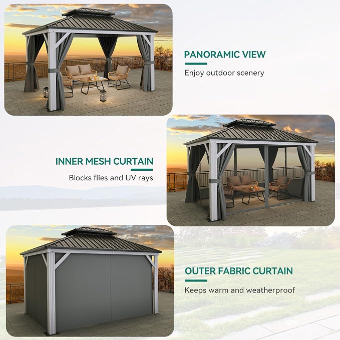 YITAHOME 10X12FT White Hardtop Metal Gazebo Patios Double Roof Canopy Aluminum - Image 3