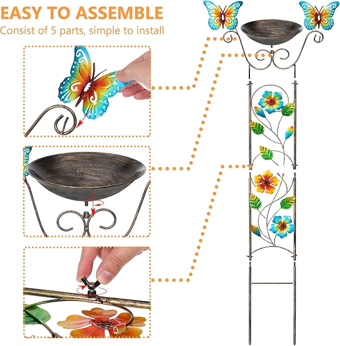 SUNNYPARK Bird Bath with Trellis Outdoor, Antique Garden Iron Plant Trellis - Image 3