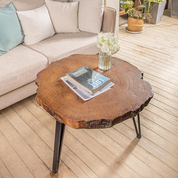 COSIEST Outdoor Faux Wood Tree-Slice Coffee Table, Natural Oak Hand Painted - Image 4