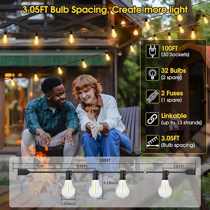 100FT LED Outdoor String Lights, Waterproof Patio Lights - Image 6