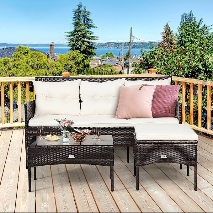 Tangkula 3 Pieces Patio Conversation Set, Outdoor PE Rattan Wicker Furniture - Image 4
