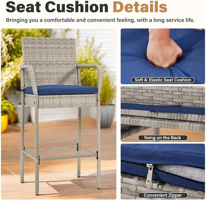 ECOTOUGE Set of 4 Patio Wicker Barstool, Outdoor Rattan Bar Height Chairs - Image 5