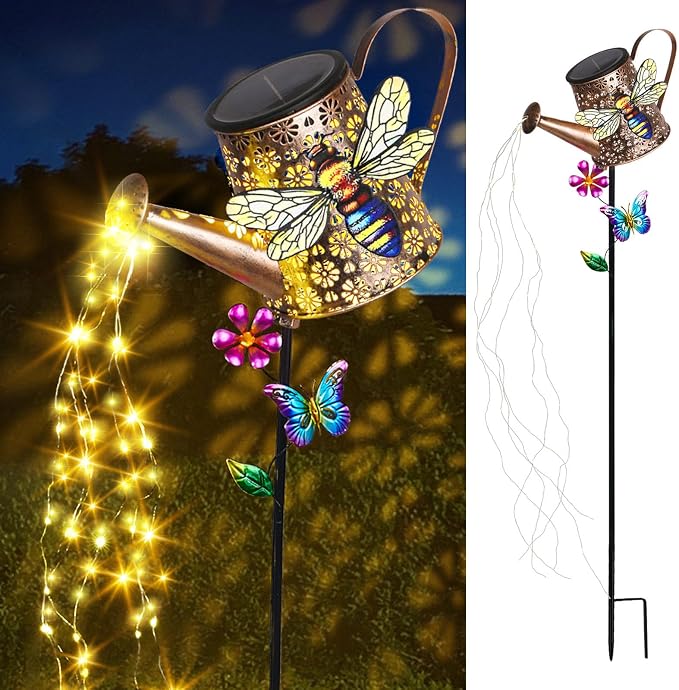 Solar Watering Can with Lights Outdoor Garden, 41in Large Bee Garden Stake - Image 3