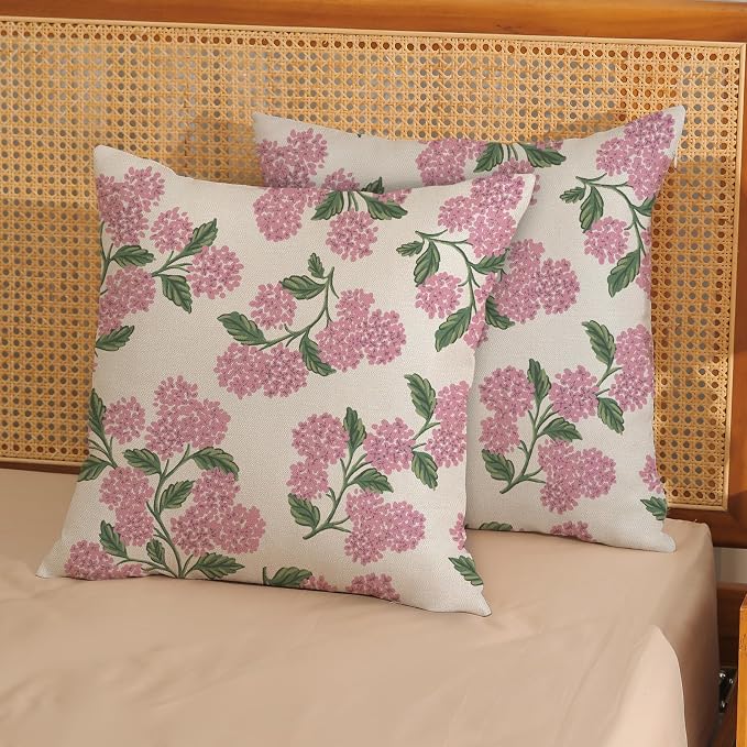 Preppy Pink Spring Pillow Covers 18x18 Inch 2 Pcs Green Hydrangea Flower Decor - Image 2