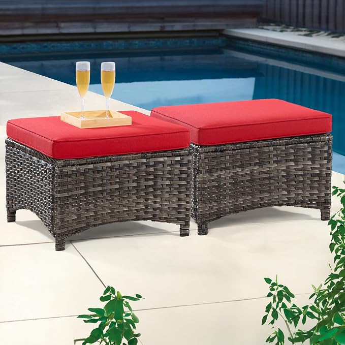 Outdoor Ottomans for Patio Set of 2 PE Wicker Steel Frame Outdoor Footstool by Meetleisure-LeisureLiving