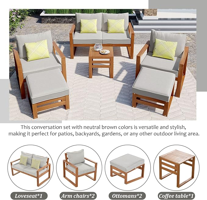 Outdoor Acacia Wood 6-Piece Conversation, Sectional Garden Seating Groups Chat - Image 9